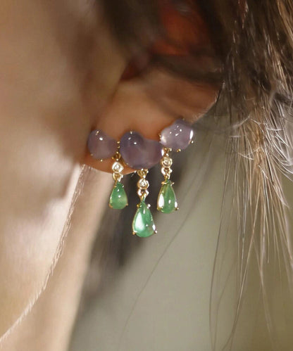 Unique Colorblock Copper Overgild Jade Love Water Droplet Tassel Drop Earrings