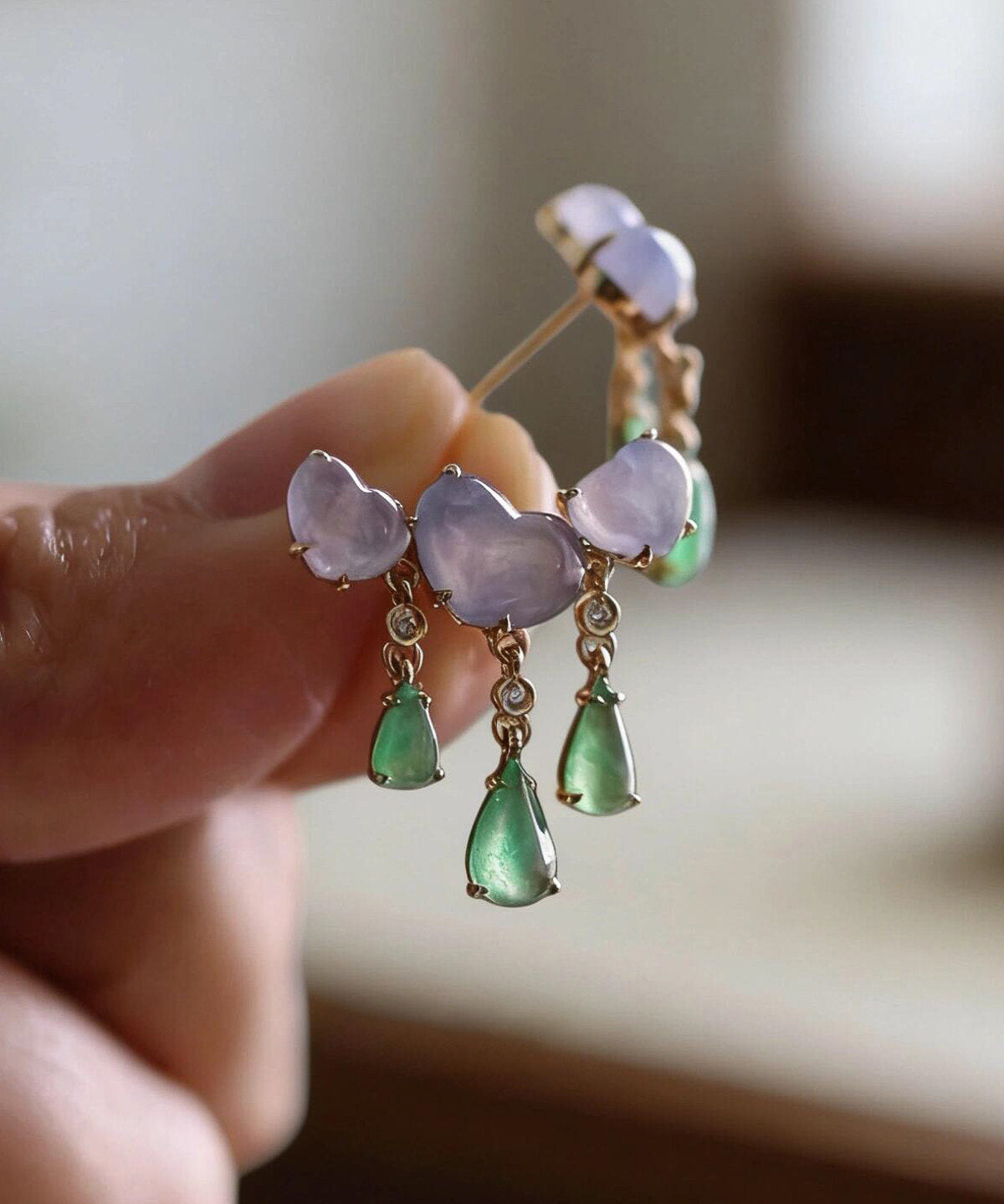 Unique Colorblock Copper Overgild Jade Love Water Droplet Tassel Drop Earrings