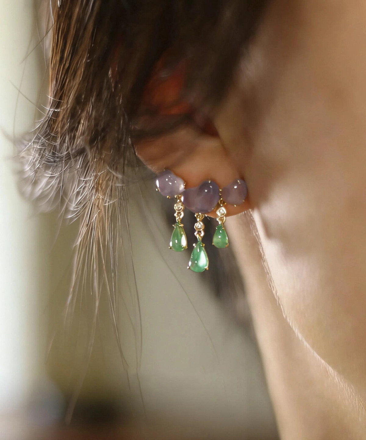 Unique Colorblock Copper Overgild Jade Love Water Droplet Tassel Drop Earrings