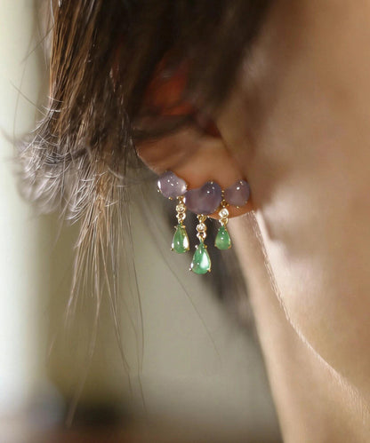 Unique Colorblock Copper Overgild Jade Love Water Droplet Tassel Drop Earrings