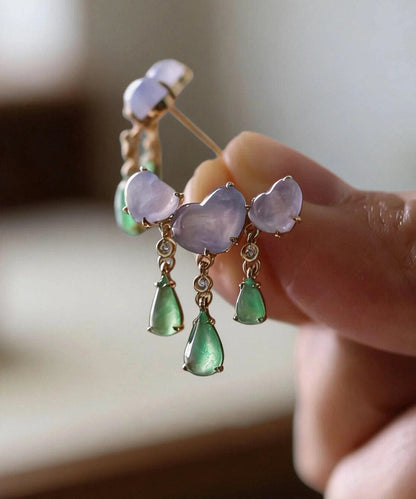 Unique Colorblock Copper Overgild Jade Love Water Droplet Tassel Drop Earrings