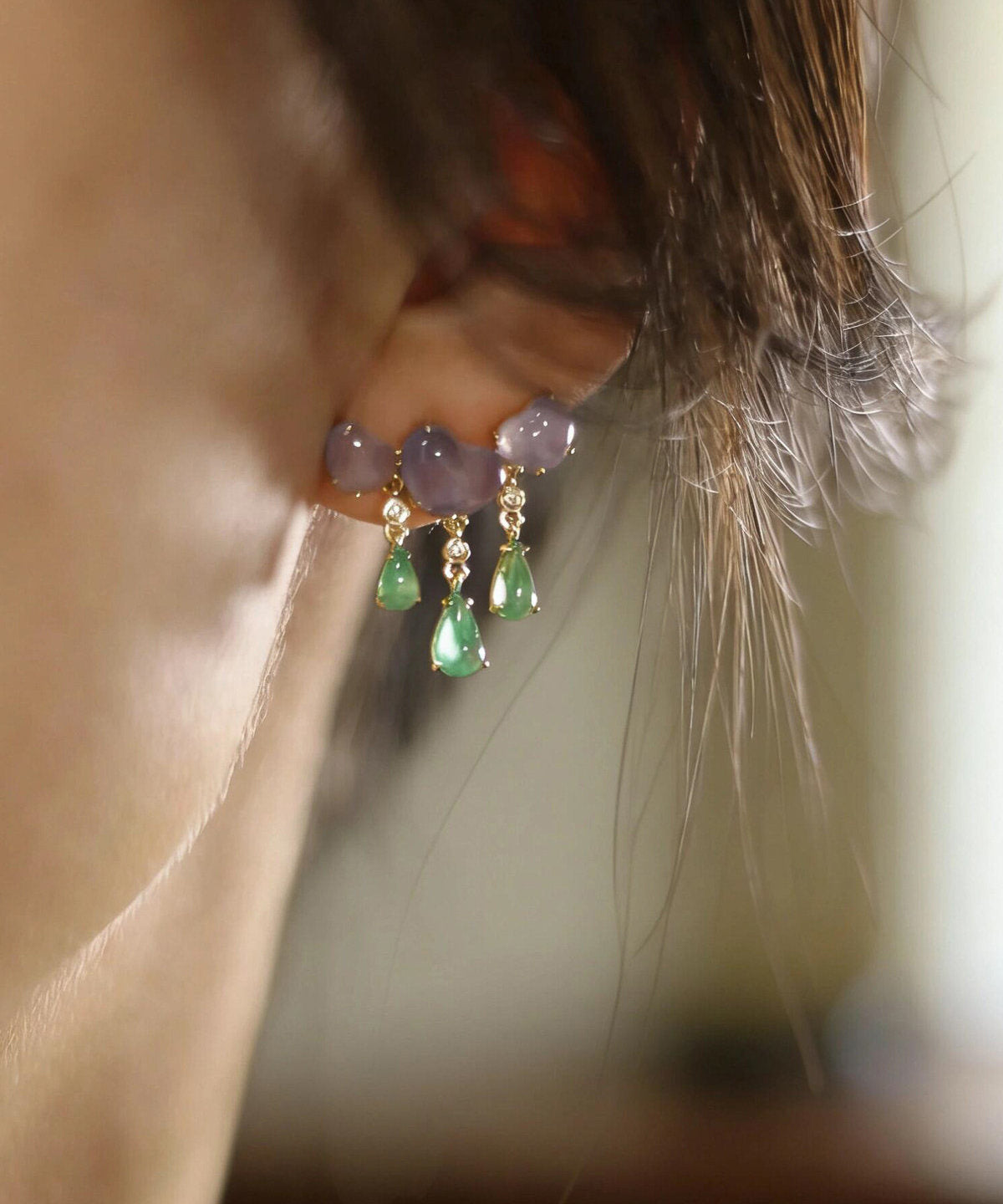 Unique Colorblock Copper Overgild Jade Love Water Droplet Tassel Drop Earrings