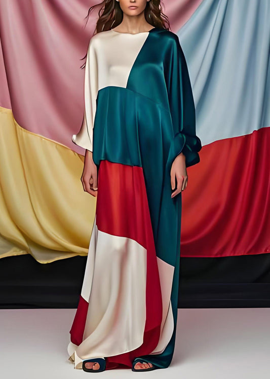 Einzigartiges Colorblock-O-Ausschnitt-Patchwork-Party-Maxikleid aus Seide mit langen Ärmeln
