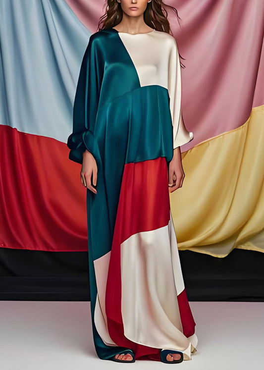 Einzigartiges Colorblock-O-Ausschnitt-Patchwork-Party-Maxikleid aus Seide mit langen Ärmeln