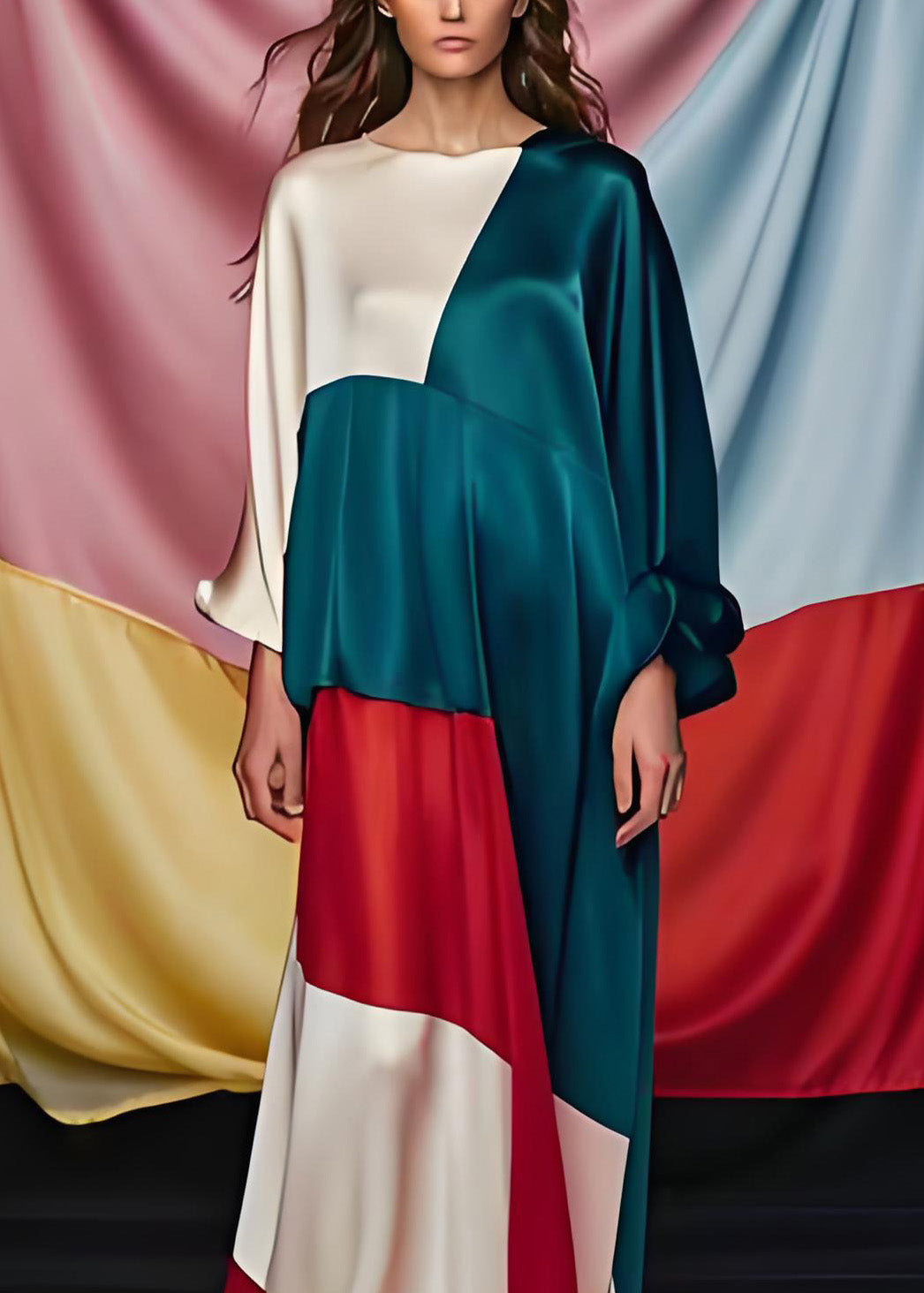 Einzigartiges Colorblock-O-Ausschnitt-Patchwork-Party-Maxikleid aus Seide mit langen Ärmeln