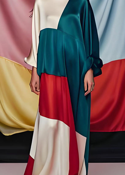 Einzigartiges Colorblock-O-Ausschnitt-Patchwork-Party-Maxikleid aus Seide mit langen Ärmeln