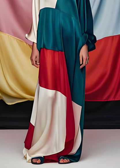 Einzigartiges Colorblock-O-Ausschnitt-Patchwork-Party-Maxikleid aus Seide mit langen Ärmeln