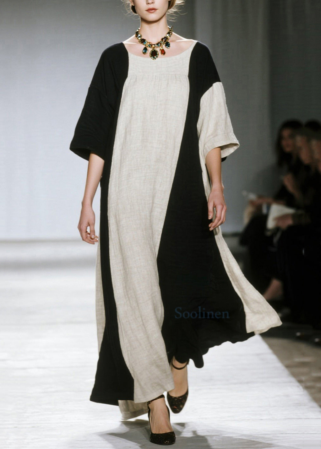 Unique Colorblock Oversized Patchwork Cotton Ankle Dress Half Sleeve