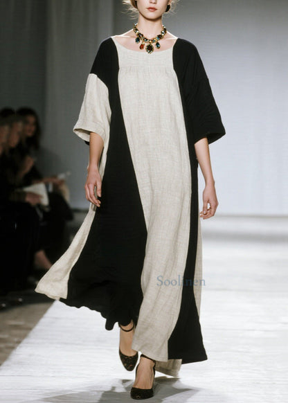Unique Colorblock Oversized Patchwork Cotton Ankle Dress Half Sleeve