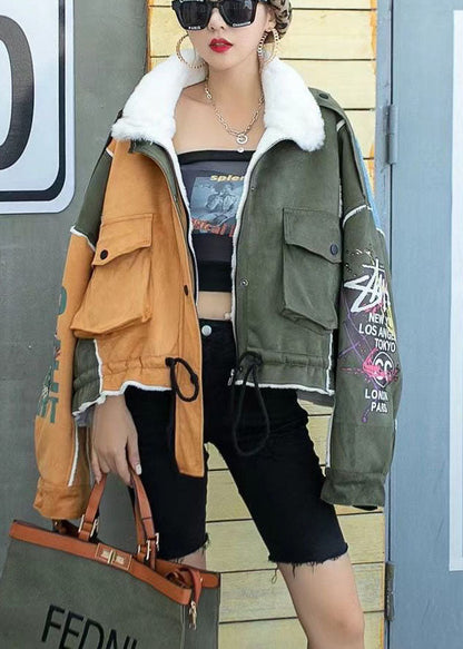 Unique Colorblock PeterPan Collar Button Pockets Fall Winter Thick Long sleeve Coat