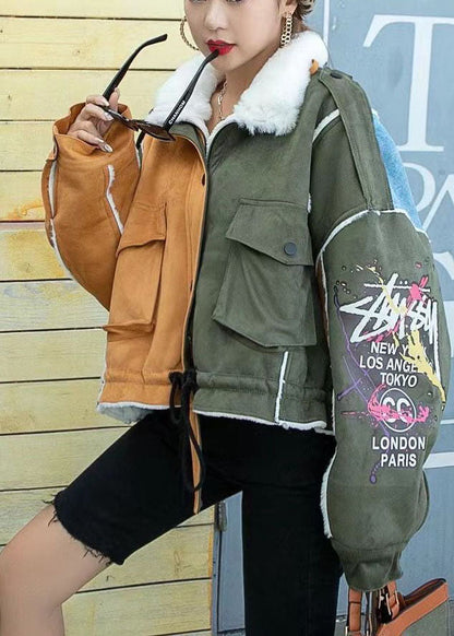 Unique Colorblock PeterPan Collar Button Pockets Fall Winter Thick Long sleeve Coat