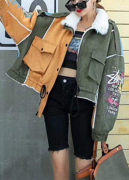 Unique Colorblock PeterPan Collar Button Pockets Fall Winter Thick Long sleeve Coat