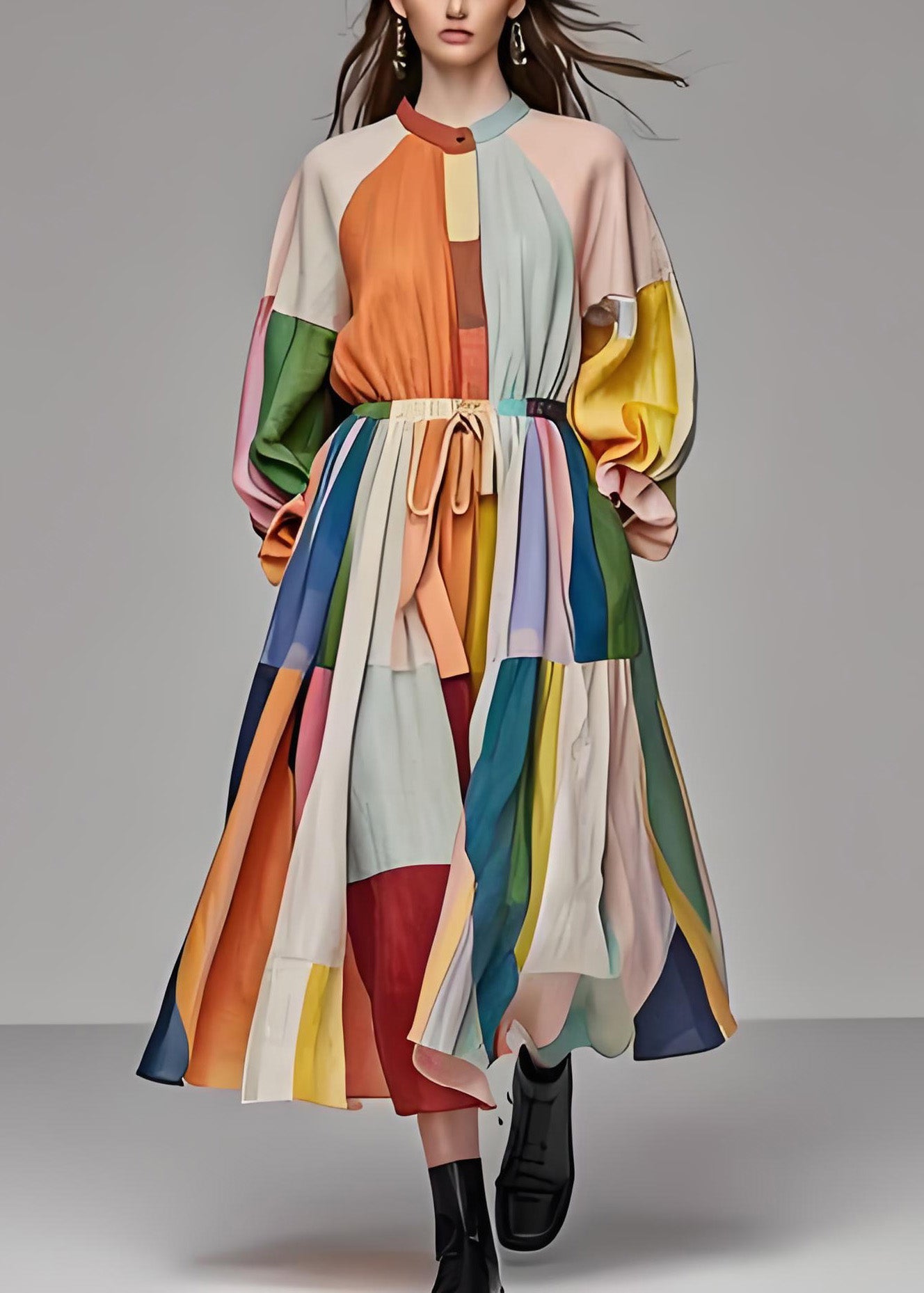 Einzigartiges Maxikleid aus Baumwolle mit Farbblock und Stehkragen und Kordelzug, lange Ärmel