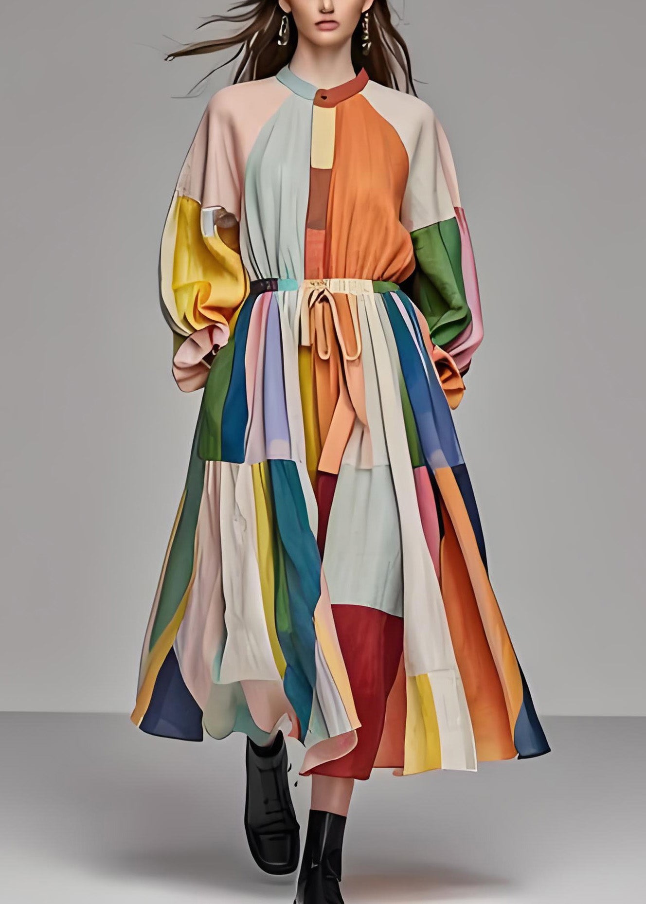 Einzigartiges Maxikleid aus Baumwolle mit Farbblock und Stehkragen und Kordelzug, lange Ärmel