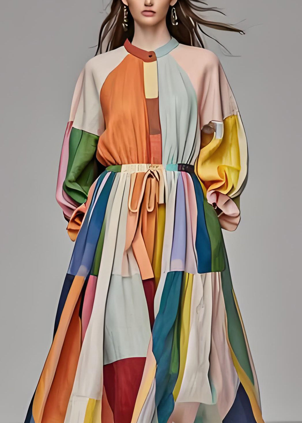 Einzigartiges Maxikleid aus Baumwolle mit Farbblock und Stehkragen und Kordelzug, lange Ärmel