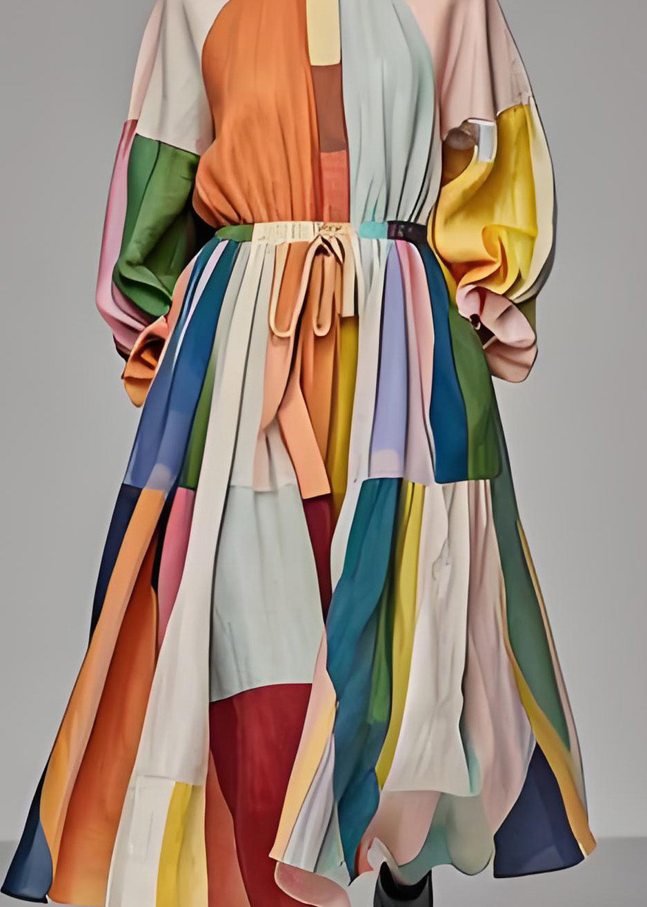 Einzigartiges Maxikleid aus Baumwolle mit Farbblock und Stehkragen und Kordelzug, lange Ärmel