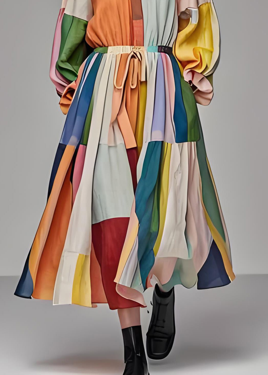 Einzigartiges Maxikleid aus Baumwolle mit Farbblock und Stehkragen und Kordelzug, lange Ärmel
