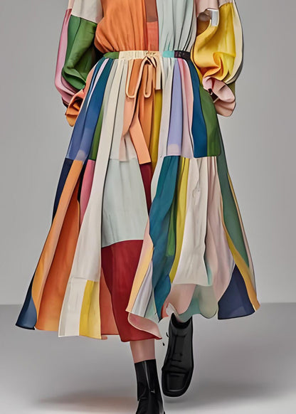 Einzigartiges Maxikleid aus Baumwolle mit Farbblock und Stehkragen und Kordelzug, lange Ärmel