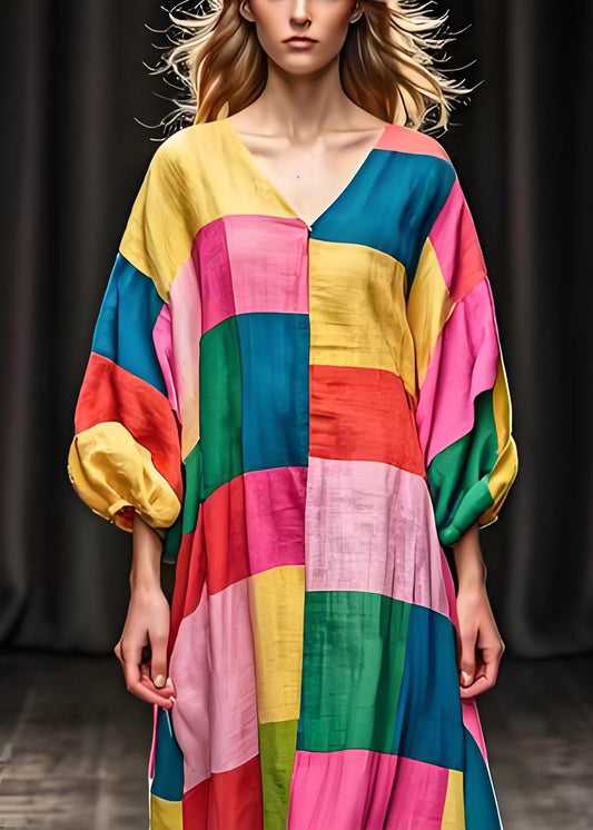 Einzigartiges Colorblock-Patchwork-Baumwollkleid mit Laternenärmeln