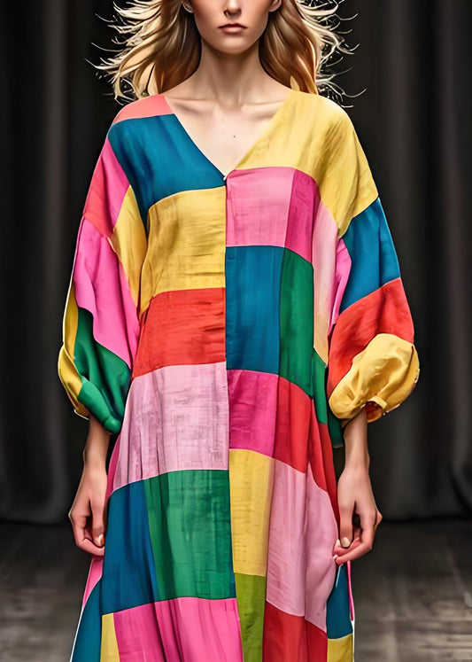 Einzigartiges Colorblock-Patchwork-Baumwollkleid mit Laternenärmeln