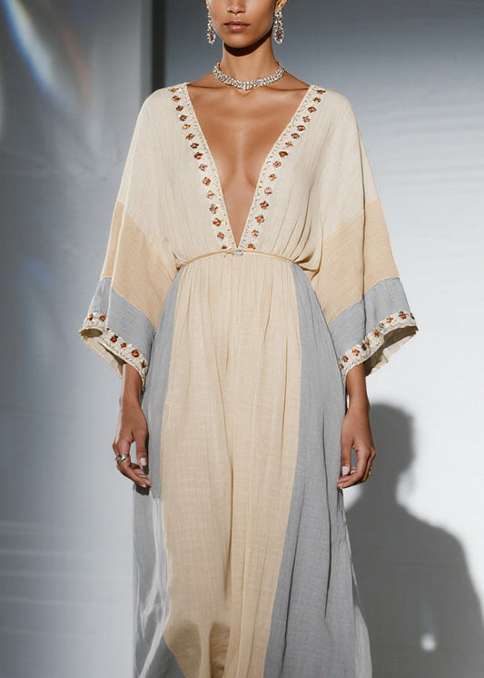 Unique Colorblock V Neck Patchwork Cotton Dress Summer