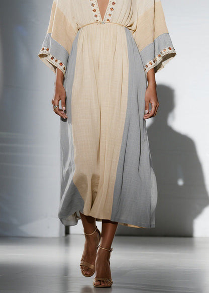 Unique Colorblock V Neck Patchwork Cotton Dress Summer