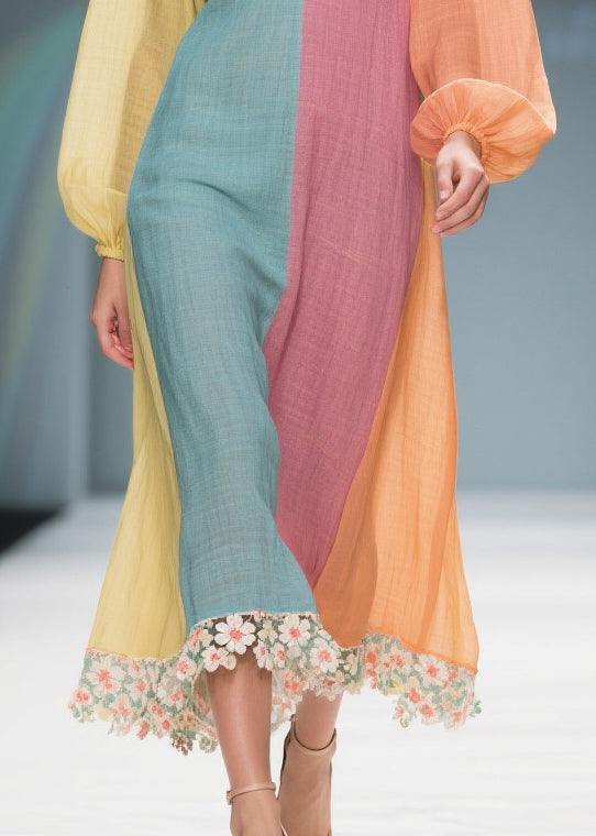 Unique Colorblock V Neck Patchwork Cotton Dresses Lantern Sleeve