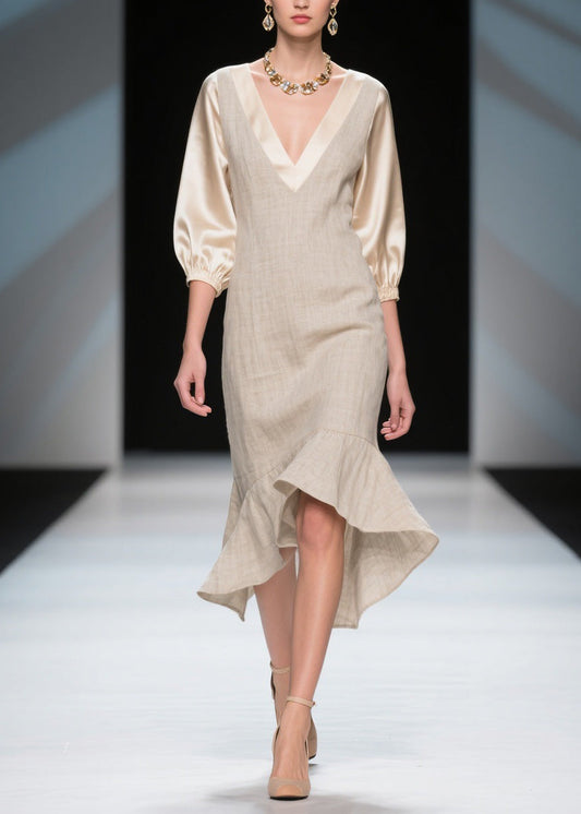 Unique Colorblock V Neck Patchwork Linen Silk Dresses Summer