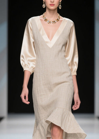 Unique Colorblock V Neck Patchwork Linen Silk Dresses Summer