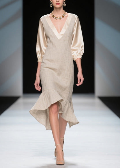 Unique Colorblock V Neck Patchwork Linen Silk Dresses Summer