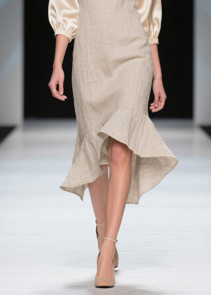 Unique Colorblock V Neck Patchwork Linen Silk Dresses Summer