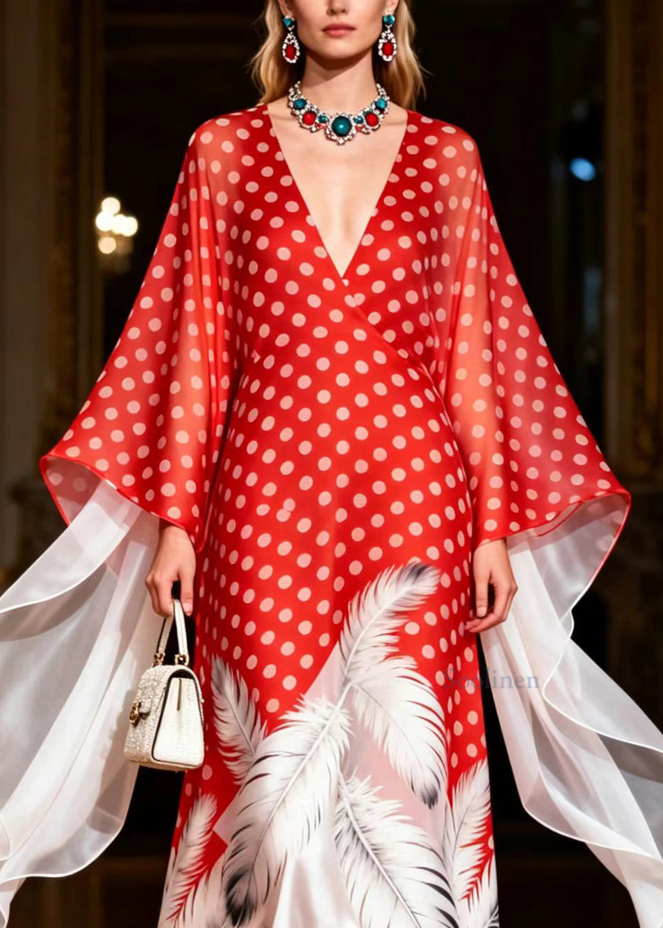 Unique Colorblock V Neck Print Chiffon Maxi Dress Summer