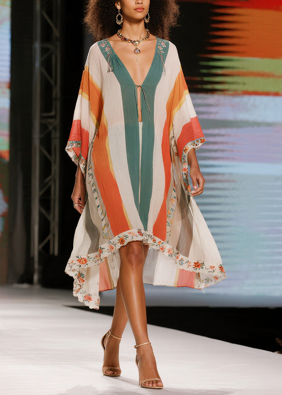 Unique Colorblock V Neck Print Cotton Dress Summer