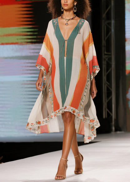 Unique Colorblock V Neck Print Cotton Dress Summer