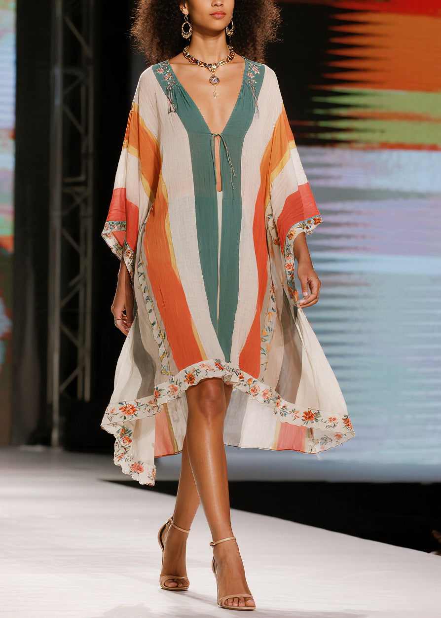 Unique Colorblock V Neck Print Cotton Dress Summer