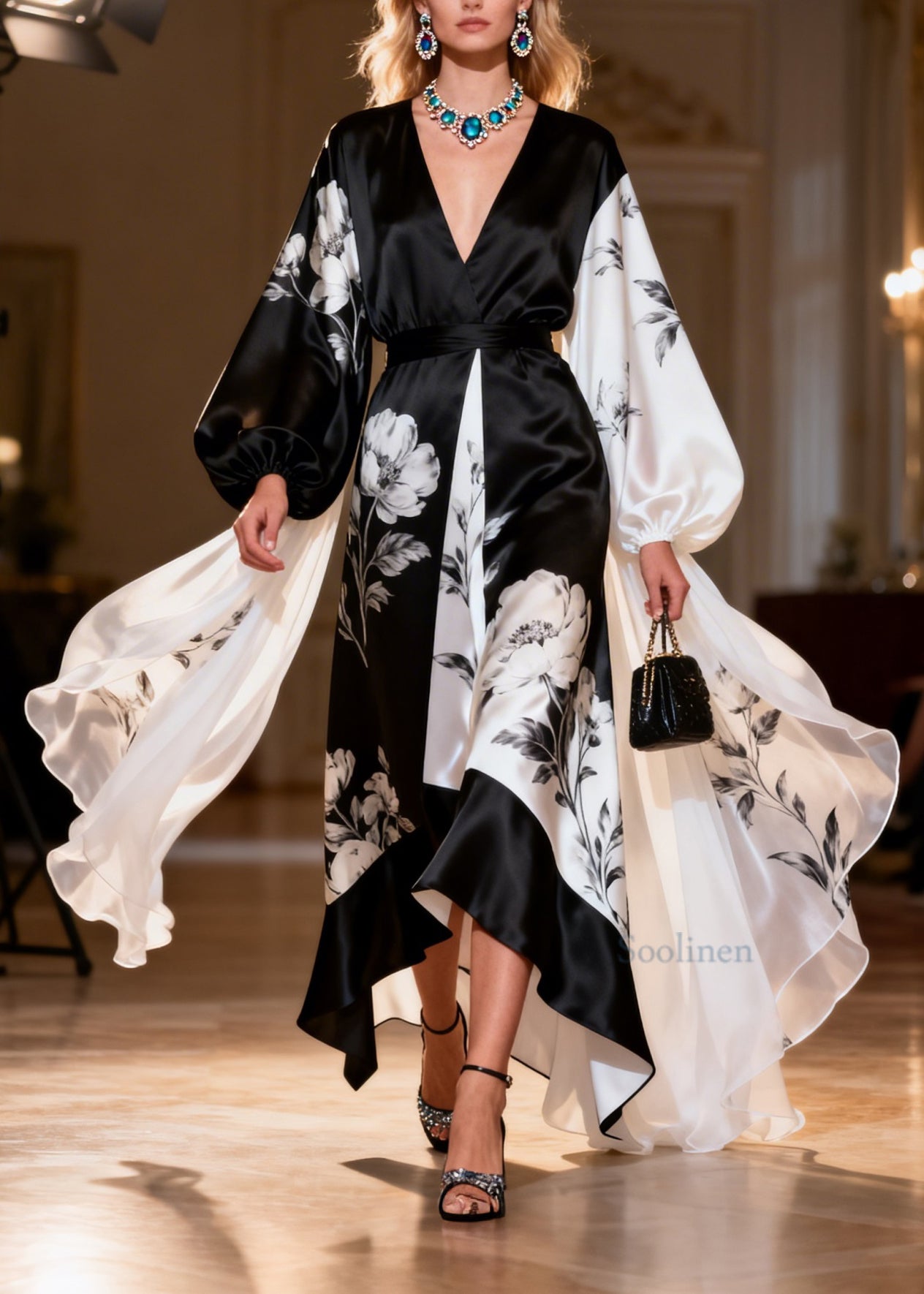 Unique Colorblock V Neck Print Patchwork Silk Dresses Lantern Sleeve