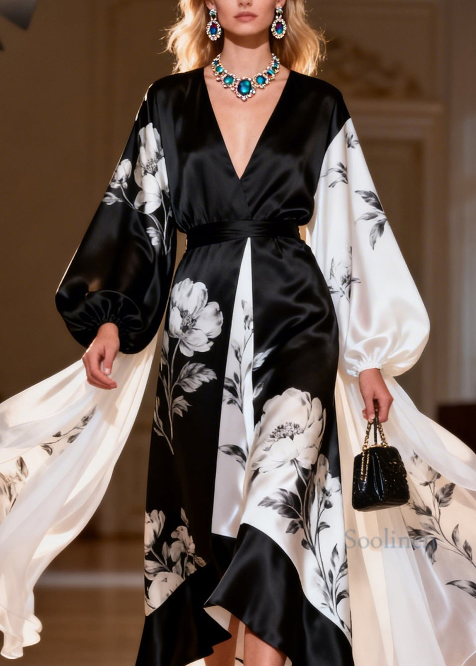 Unique Colorblock V Neck Print Patchwork Silk Dresses Lantern Sleeve