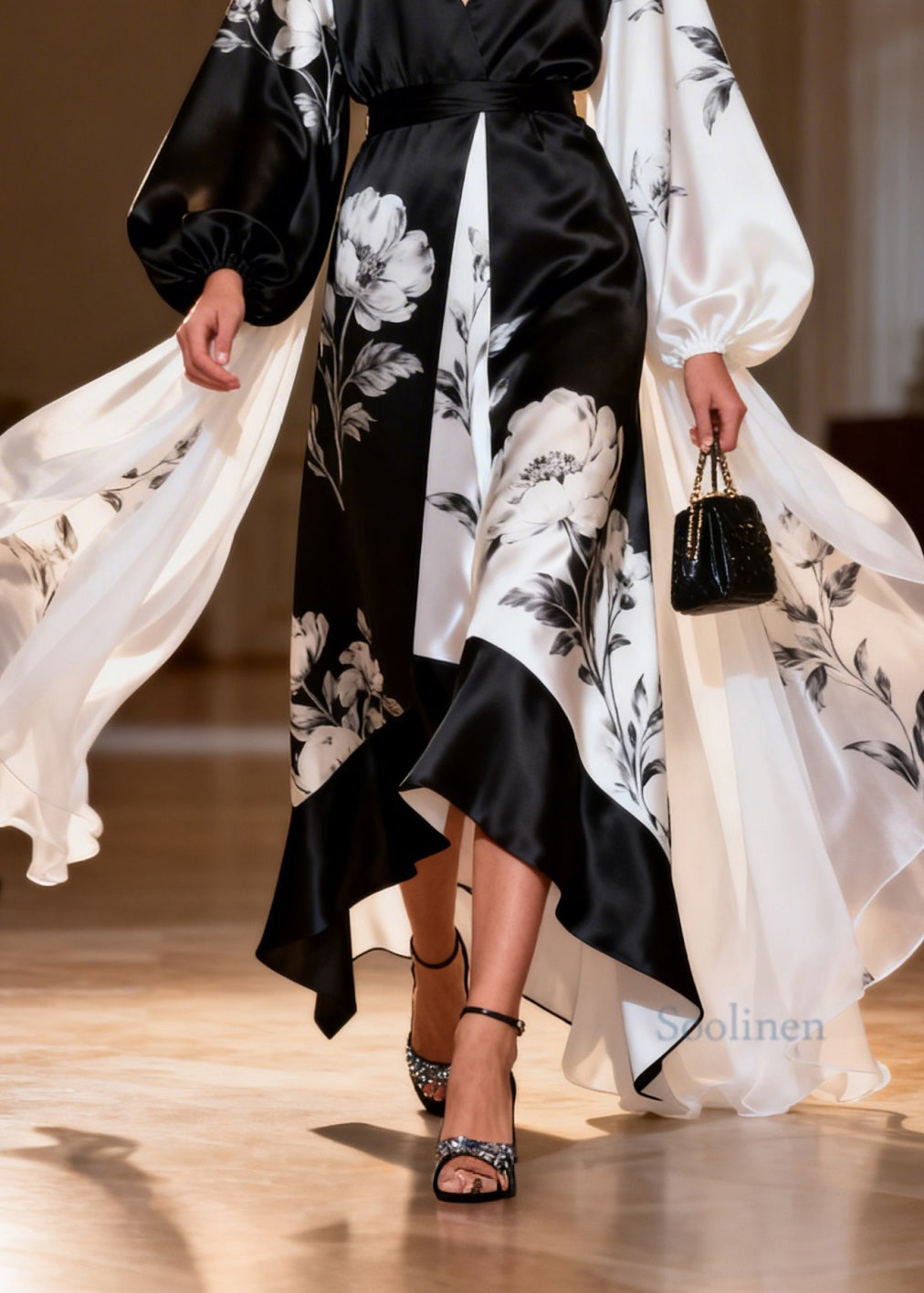 Unique Colorblock V Neck Print Patchwork Silk Dresses Lantern Sleeve