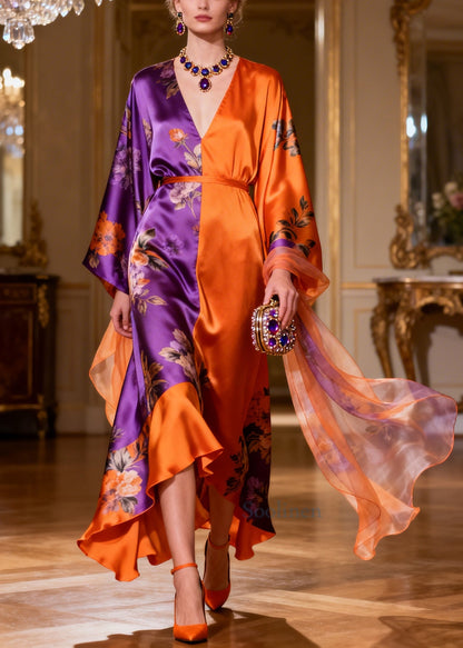 Unique ColorblockC Asymmetrical Patchwork Silk Long Dresses Summer
