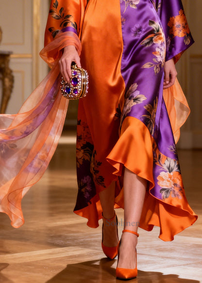 Unique ColorblockC Asymmetrical Patchwork Silk Long Dresses Summer