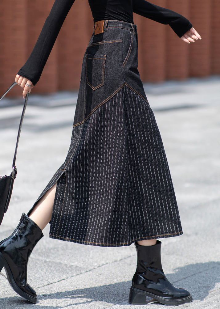 Unique Dark Grey Pockets Patchwork Denim Skirts Spring