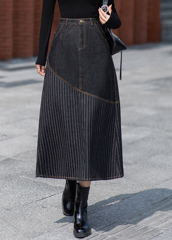 Unique Dark Grey Pockets Patchwork Denim Skirts Spring