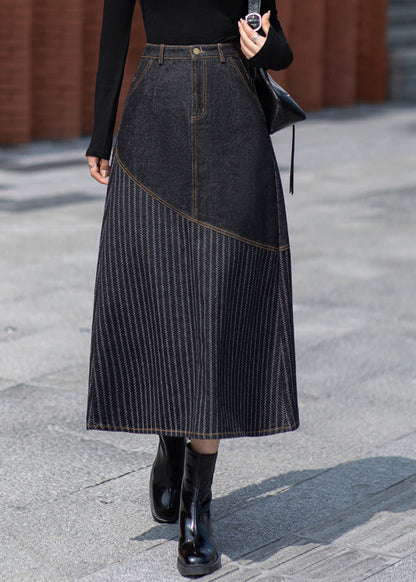 Unique Dark Grey Pockets Patchwork Denim Skirts Spring