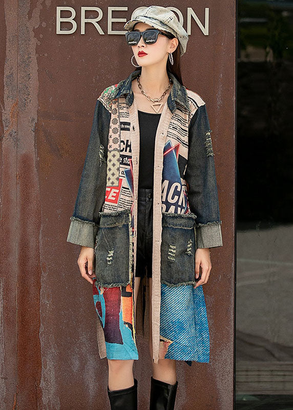 Einzigartiger Denim Patchwork Strick Peter Pan Kragen Taschen Seitlich Offen Herbst Langarm Mantel