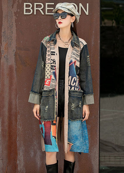 Einzigartiger Denim Patchwork Strick Peter Pan Kragen Taschen Seitlich Offen Herbst Langarm Mantel