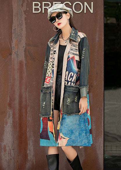 Einzigartiger Denim Patchwork Strick Peter Pan Kragen Taschen Seitlich Offen Herbst Langarm Mantel