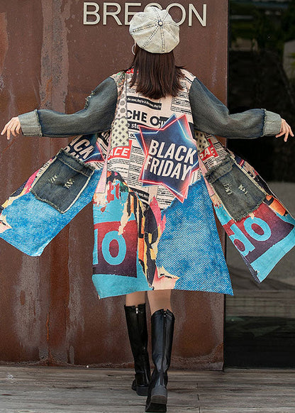 Einzigartiger Denim Patchwork Strick Peter Pan Kragen Taschen Seitlich Offen Herbst Langarm Mantel