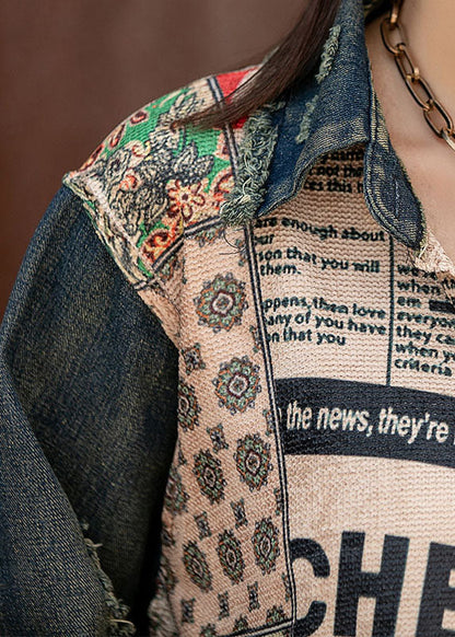 Einzigartiger Denim Patchwork Strick Peter Pan Kragen Taschen Seitlich Offen Herbst Langarm Mantel