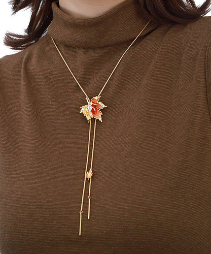 Unique Gold Copper Overgild Maple Leaf Lariat Necklace