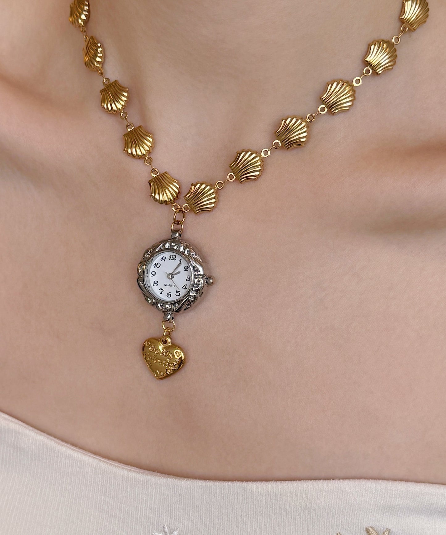 Unique Gold Stainless Steel Alloy Shell Clock Love Pendant Necklace